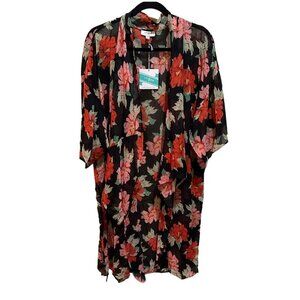 Umgee NWT‎ Women's Size S Black Sheer Floral Print Kimono Bathing Suit Coverup